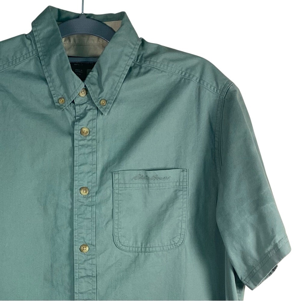 Eddie Bauer 100% Cotton Short Sleeve Button Down Olive Green Camp Shirt Sz L